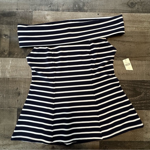 Maeve Blue and White Off-the-Shoulder Fitted Blouse - Picture 8 of 13